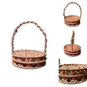Vintage 70’s Macrame Crochet Basket with Handle Vintage Boho Easter Basket